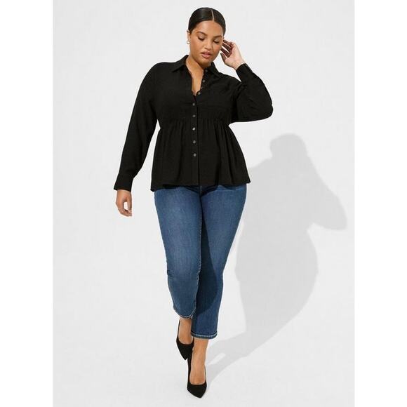 torrid Tops - Torrid Women's Plus Black Peplum Crinkle Flannel Gauze Button Up Top - 14/16